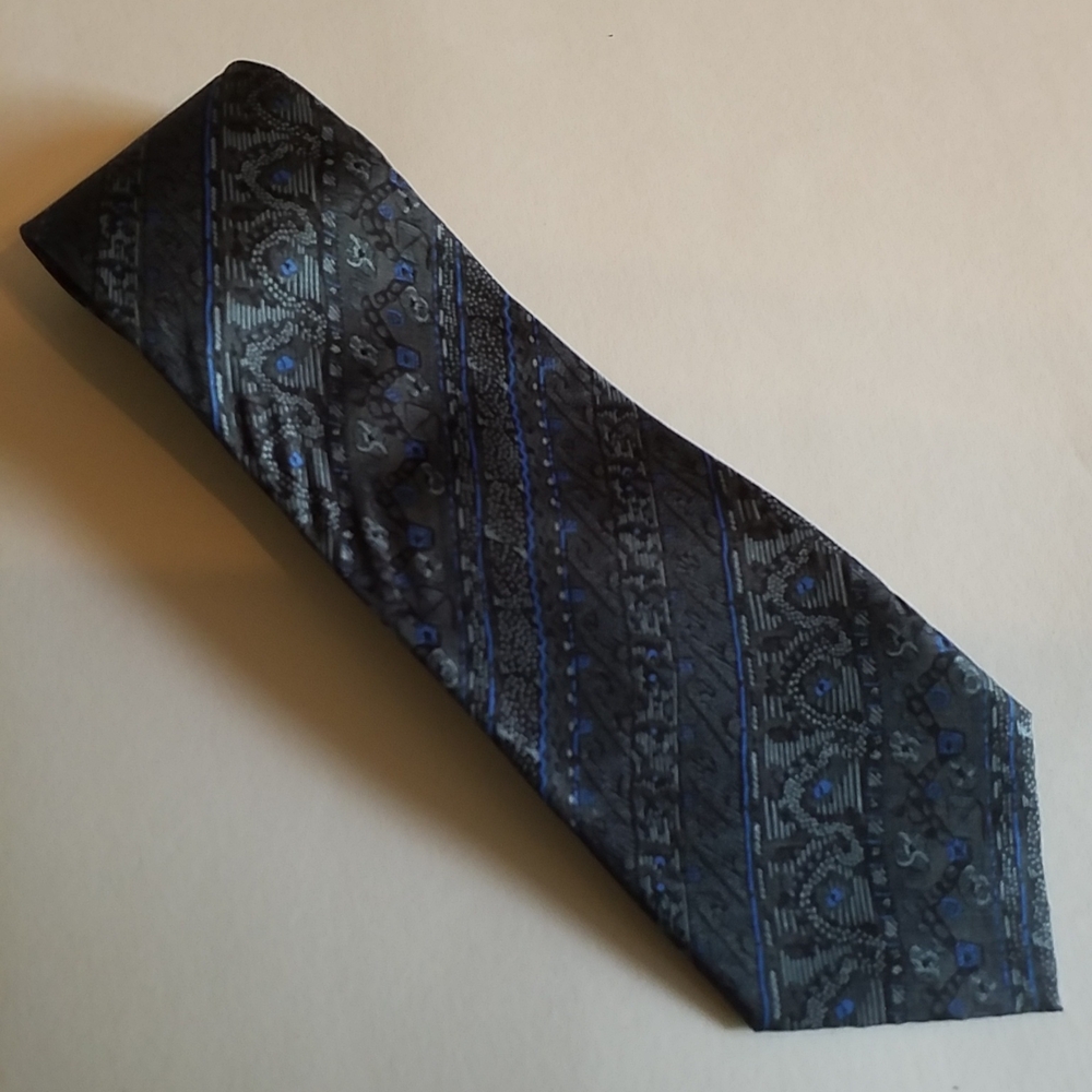 3/$45 Tie Original SHARP HIGH FASHION Abstract STRIPE on GRAY Bright BLUE BLACK